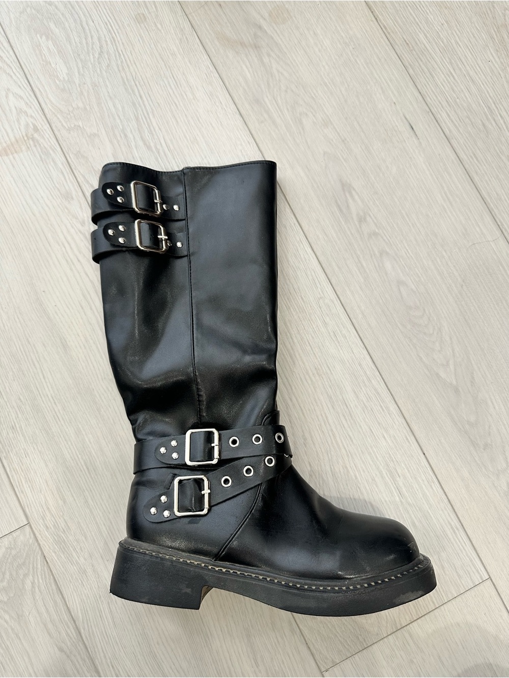 Black Tall Buckle Combat Boots - Picture 4 of 8